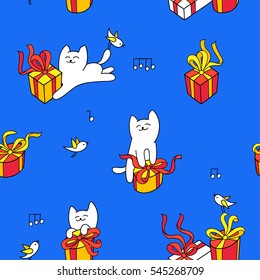 Happy presents day. Vector seamless pattern on blue. Set of gift boxes with ribbons and little cute kitten. Cartoon hand drawn style. Perfect for greeting card, textile design, wrapping, wall paper. 