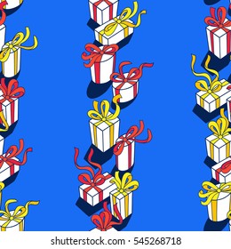 Happy presents day. Vector seamless pattern on blue background. Set of gift boxes with bows and ribbons. Cartoon hand drawn style. Perfect for greeting card, textile design, wrapping, wall paper. 