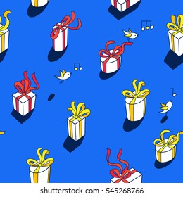 Happy presents day. Vector seamless pattern on blue. Set of gift boxes with ribbons and little birds. Cartoon hand drawn style. Perfect for greeting card, textile design, wrapping, wall paper. 