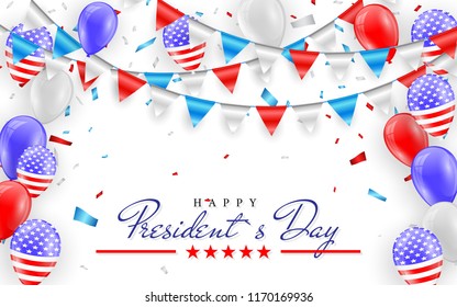 Happy President Day. Hanging Bunting Flags for American Holidays card design. American flag balloons with confetti background. Vector illustration.