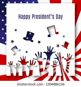 Happy President day text banner hands hats on american flag background Patriotic american theme USA flag pattern stars stripes Design element for President's Day Patriotic background wallpaper Vector