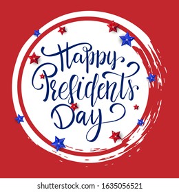 Happy Presidents Day with 3D realistic stars. Vector illustration Hand drawn text lettering for Presidents day USA. Script. Calligraphic design for print greetings card, sale banner, colourful poster