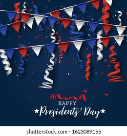 Happy Presidents day background. American flag colors blue, red, and white bunting and confetti. Celebration design concept. Vector illustration.