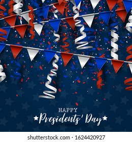 Happy Presidents day background. American flag colors blue, red, and white bunting and confetti. Celebration design concept. Vector illustration.