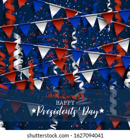 Happy Presidents day background. American flag colors blue, red, and white bunting and confetti. Celebration design concept. Vector illustration.