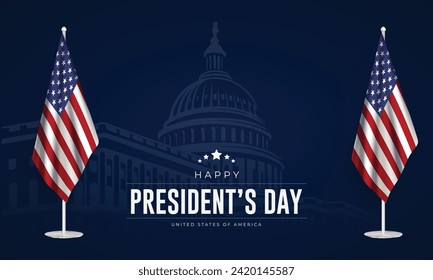 Happy President's Day Background and Banner. Presidents Day of USA Greeting Card with USA Flag, Capitol Building and Text Vector Illustration