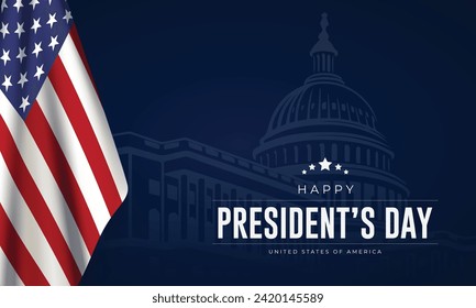 Feliz Día del Presidente Antecedentes y Cartel. Tarjeta de felicitación del Día del Presidente de los Estados Unidos con bandera de los Estados Unidos, edificio del Capitolio e ilustración del vector de texto