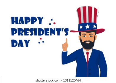 Happy Presidents Day background with man in hat pointing up for President's day and Independence Day in USA. Flat design, Vector illustration