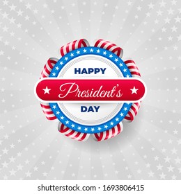 Happy Presidents Day background template. Badge with ribbon on top of American flag