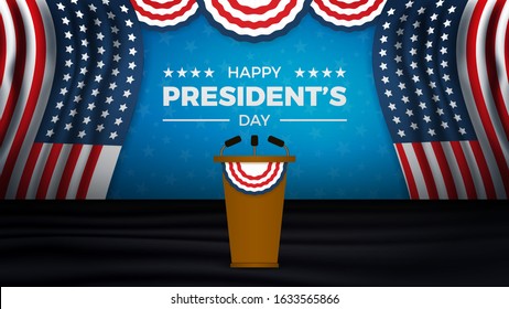 Happy President's day background with US presidential podium. Open curtain stage with blue background and black floor. Suitable for Independence Day and Election Day. Vector illustration