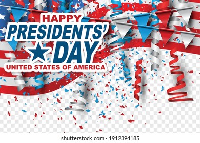 Happy Presidents day banner background. USA flag, red, blue, and white balloons. American public holiday. Realistic vector illustration.