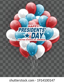 Happy Presidents day banner background. USA flag colors balloons red, blue, and white. American public holiday. Realistic vector illustration.