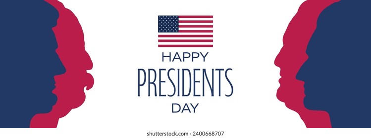 Happy Presidents Day banner. Federal holiday in America. Banner with faces four US presidents. Profile Lincoln, Washington, Jefferson, Roosevelt. Header for letters, websites, mailing lists