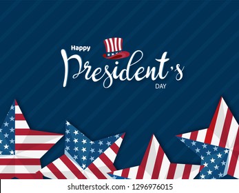 Happy President's Day banner or poster design with illustration of uncle sam hats and stars in American flag color.