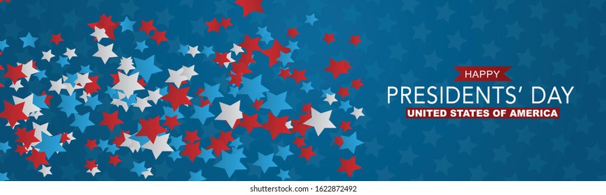 Happy Presidents day banner or website header. Newsletter design decor. USA national public holiday concept with red, blue, and white stars. Vector illustration.