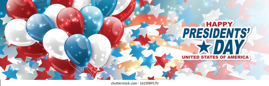 Happy Presidents day banner or website header. Newsletter design decor. USA national public holiday concept with american flag and balloons. Vector illustration.