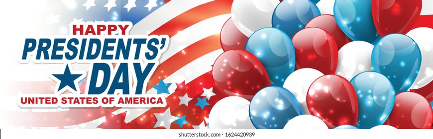 Happy Presidents day banner or website header. Newsletter design decor. USA national public holiday concept with american flag and balloons. Vector illustration.