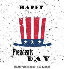 Happy Presidents Day Black Lettering Typography with burst on a Old Textured Background. Vector illustration for cards, banners, print