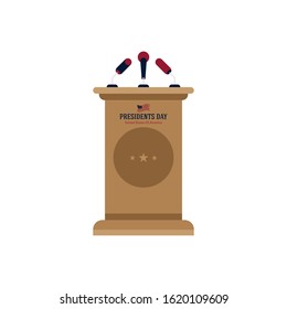 Happy Presidents Day With Brown Podium With Microphones. Wooden For Conference And Interview. National American Holiday Event. Flat Vector Illustration EPS10