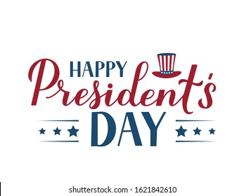 Happy Presidents Day calligraphy lettering isolated on white. American patriotic typography poster. Vector illustration. Easy to edit template for logo design, banner, greeting card, postcard, flyer.