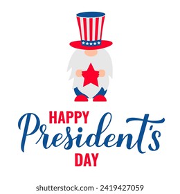 Happy Presidents Day calligraphy lettering with cute gnome. American patriotic typography poster. Easy to edit vector template for logo design, banner, greeting card, postcard, flyer, etc