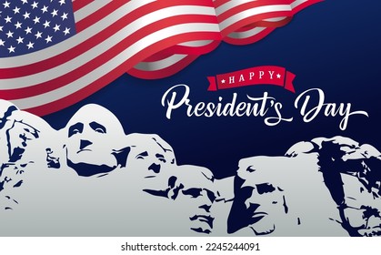 Feliz Día del Presidente con bandera y Monte Rushmore. Diseño tipográfico del Día del Presidente para afiches o pancartas. Ilustración del vector