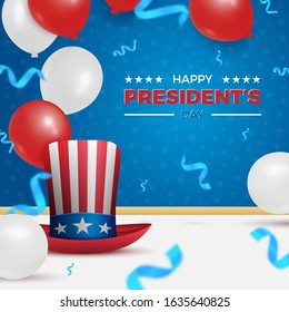 Happy President's Day card with Uncle Sam hat and air balloons for Americans holiday celebration. Suitable for President's Day and Independence Day in USA. Stock vector illustration