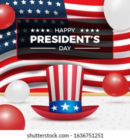 Happy President's Day card with Uncle Sam hat, air balloons and USA flag for Americans holiday celebration. Suitable for President's Day and Independence Day in USA. Stock vector illustration