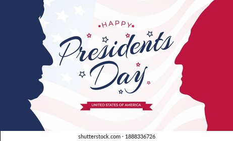 Happy Presidents Day celebrate banner with waving United States national flag and hand lettering holiday greetings. Vector illustration. Abraham Lincoln and George Washington.