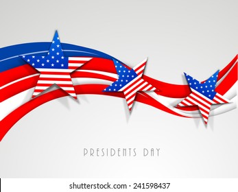 Happy Presidents Day celebration with United State of American flag color waves and stars on shiny grey background.