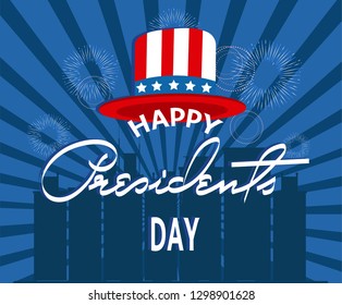 Happy Presidents Day Collection of Greating Card, Banner, Poster, Flat Design with American Flag, Hat, American Flag and Big City on Background. Vector illustration. 