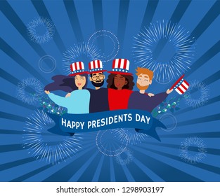 Happy Presidents Day Collection of Greating Card, Banner, Poster, Flat Design with People, Man and Woman, American Flag, Hat, American Flag and Blue Background. Vector illustration. 