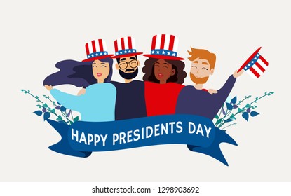 Happy Presidents Day Collection of Greating Card, Banner, Poster, Flat Design with People, Man and Woman, American Flag, Hat, American Flag and  Background. Vector illustration. 