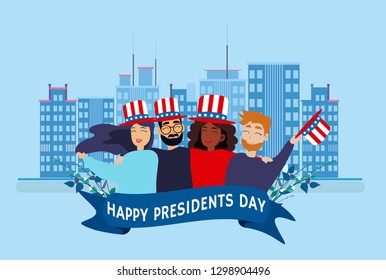 Happy Presidents Day Collection of Greating Card, Banner, Poster, Flat Design with People, Man and Woman, American Flag, Hat and Big City on Blue Background. Vector illustration. 