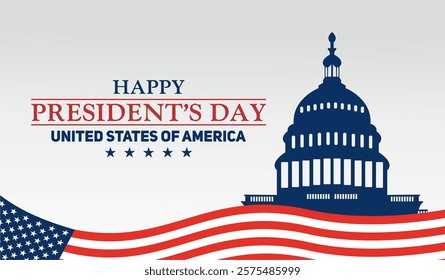 Happy Presidents Day concept with the US national flag and a silhouette of the Capitol building, accompanied by patriotic elements and text celebrating the holiday.