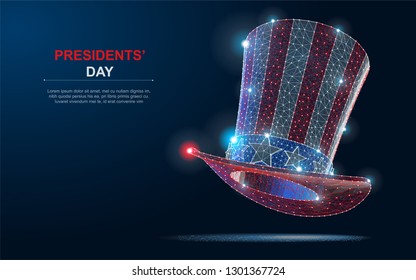 Happy President's day design background with uncle Sam hat. Polygonal wireframe vector Illustration with dots on blue background