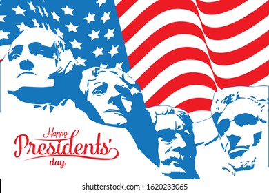 Happy President's day design background with USA Flag and mount rushmore silhouette . Handwritten lettering.