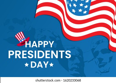 Happy President's day design background with USA Flag, uncle sam hat and mount rushmore silhouette. Handwritten lettering.