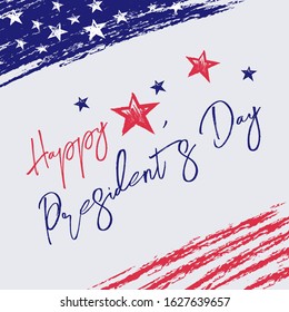 Happy Presidents Day design with hand drawn elements and lettering on white background. Presidents Day holiday greeting card, banner, poster for sale, discount, advertisement, web.