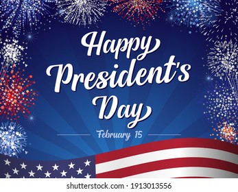 Happy President's Day February 15, lettering and fireworks with flag on beams background. Vector illustration with hand drawn text for Presidents day in USA. Design for greetings card or banner