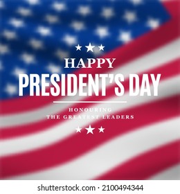 Happy President's day festive banner on blurred us flag background. Design template for Poster, Greeting Card, post. Stock vector illustration.
