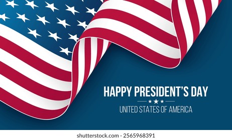 Happy President's Day festive banner with waving American flag. United States Presidents Day holiday background. Vector illustration.