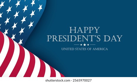 Happy President's Day. Festive banner with waving American flag. United States Presidents Day holiday background. Vector illustration.