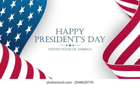 Happy President's Day festive banner with waving American flag. US Presidents Day holiday background. Vector illustration.