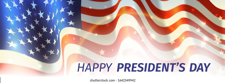 Happy Presidents Day with flag and stars on sky background. Vector illustration of a waving flag for presidents day in USA. Holiday design for sale poster, greetings card, web banner