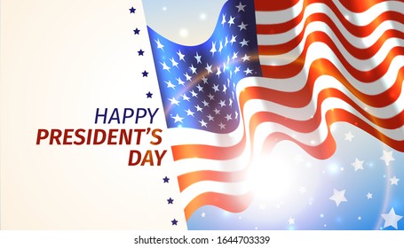 Happy Presidents Day with flag and stars on sky background. Vector illustration of a waving flag for presidents day in USA. Holiday design for sale poster, greetings card, web banner