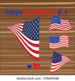 happy presidents day  and the flag of the US and wood background