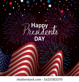 happy presidents day with flag usa and fireworks vector illustration design