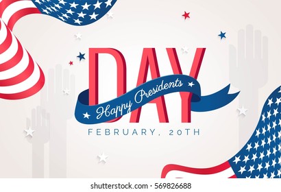 Happy Presidents` Day flyer, banner or poster. Holiday background with waving flags, text and hands up. Vector flat illustration