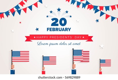 Happy Presidents` Day  flyer, banner or poster. Holiday background with waving flags, ribbon and bunting flags. Vector flat illustration